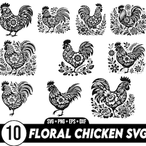 Floral poulet SVG PNG, Svg de coq, Svg d'animaux de ferme, fichiers SVG pour Cricut, usage commercial, téléchargement numérique instantané, poule, animal de basse-cour