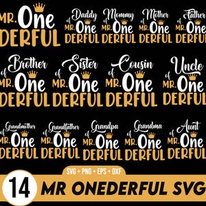 Mr Onederful ファミリー メンバー バンドル 1 歳の誕生日、ハッピー バースデー SVG、誕生日パーティー SVG、One Derful SVG、One Birthday SVG、Wild One SVG