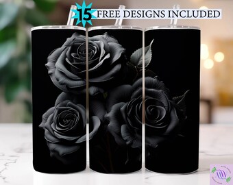 Diseño de sublimación de vaso flaco de rosas negras 3D de 20 oz, envoltura de vaso recto y cónico, descarga digital instantánea PNG