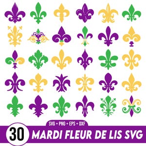 May include: A set of 30 Mardi Gras Fleur de Lis SVG files in various colors, including purple, green, and gold. The files are perfect for crafting projects, such as creating party decorations, invitations, and more.