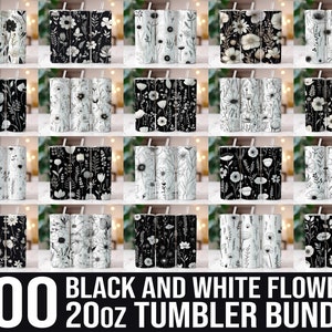Bundle gobelet floral noir et blanc 20 oz, clipart fleur, sublimation sans couture, fleurs monochromes, lot de fleurs gobelet