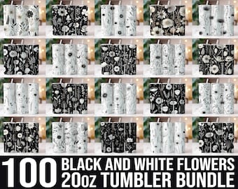 Black & White Floral 20oz tumbler Bundle, Flower Clipart, Seamless Sublimation, Monochrome flowers, Flowers Tumbler Wrap Bundle