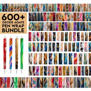 Puede incluir: Un conjunto de cuatro bolígrafos con diferentes diseños de ágata coloridos. Los bolígrafos están etiquetados "600+ Geode Agate Pen Wrap Bundle".