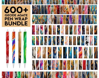 May include: A set of four pens with different colorful agate designs. The pens are labeled "600+ Geode Agate Pen Wrap Bundle".