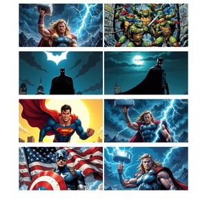 May include: A collage of comic book characters, including Thor, Superman, Captain America, Batman, and the Teenage Mutant Ninja Turtles. The characters are depicted in various poses, with some holding weapons or tools. The background is a mix of cityscapes, landscapes, and abstract patterns.