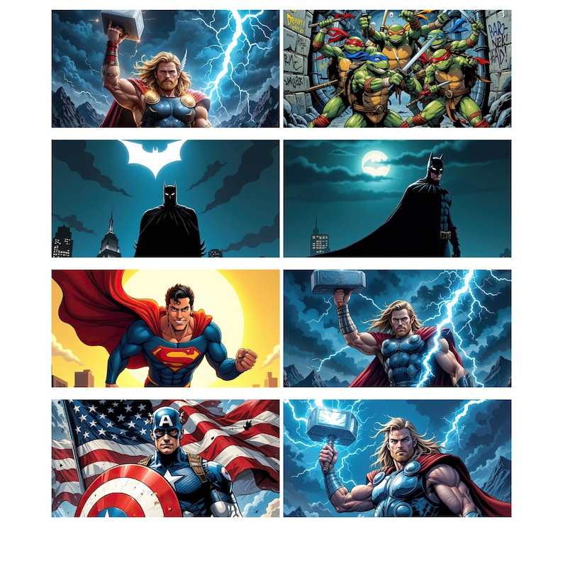 May include: A collage of comic book characters, including Thor, Superman, Captain America, Batman, and the Teenage Mutant Ninja Turtles. The characters are depicted in various poses, with some holding weapons or tools. The background is a mix of cityscapes, landscapes, and abstract patterns.