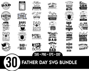 May include: A set of 30 black and white SVG designs for Father's Day. The designs feature various phrases and illustrations related to fatherhood, such as "Dad Jokes Loading", "World's Okayest Dad", and "Dad of Boys".