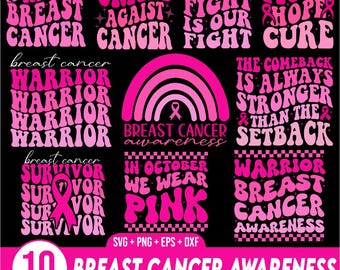 May include: Pink and white graphic designs with text about breast cancer awareness. The designs include phrases like "Tackle Breast Cancer", "United Against Cancer", "Warrior Breast Cancer Awareness", and "In October We Wear Pink".