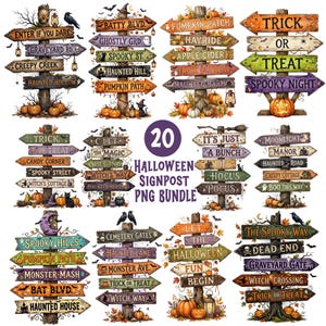 Può includere: Una collezione di 20 illustrazioni digitali di cartelli stradali di Halloween con pali in legno e frecce direzionali. Ogni cartello mostra testi spettrali come Trick or Treat, Pumpkin Patch e Haunted Hollow, decorati con zucche, pipistrelli e lanterne.
