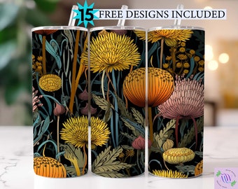 Flores de diente de león de vidrieras Diseño de sublimación de vaso flaco de 20 oz, Envoltura de vaso recto y cónico, Descarga digital instantánea PNG