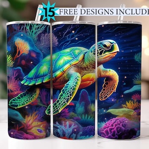 Bunte Schildkröte Neon Floral Regenbogen Schildkröte 20 oz Skinny Becher Sublimation Design, gerade und konisch Tumbler Wrap, Sofort Download PNG