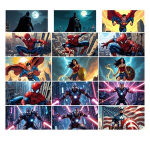 May include: A collage of 12 images featuring various superheroes, including Batman, Superman, Spider-Man, Wonder Woman, and Iron Man. Each image is set against a different background, with some featuring cityscapes, others with clouds, and one with a starry night sky.