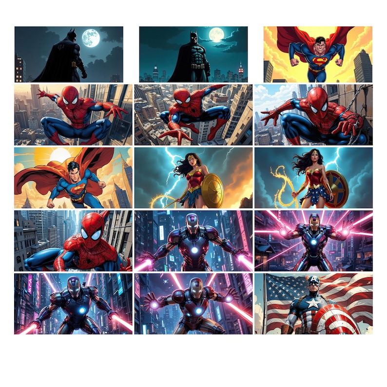 May include: A collage of 12 images featuring various superheroes, including Batman, Superman, Spider-Man, Wonder Woman, and Iron Man. Each image is set against a different background, with some featuring cityscapes, others with clouds, and one with a starry night sky.