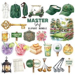 Masters Golf Clipart PNG-paket, klubba, vagn, bana och golftillbehör, fars dag-sporter, akvarellgolf PNG-paket, golfturnering