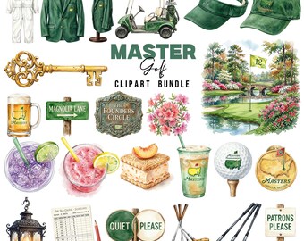 Masters Golf Clipart PNG Bundle, Club, Cart, Course and Golfer Accessories, Father’s Day Sports, Watercolour Golf PNG Bundle,Golf Tournament