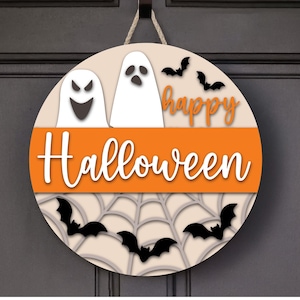 Happy Halloween sign SVG, Ghost welcome sign SVG, Halloween door hanger, round sign, Halloween decor SVG, Glowforge svg, laser cut file