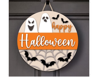 Happy Halloween sign SVG, Ghost welcome sign SVG, Halloween door hanger, round sign, Halloween decor SVG, Glowforge svg, laser cut file