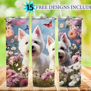 3d Westie with butterfly 20oz tumbler wrap, West highland Terrier Dog Westie Tumbler Wrap, Puppy Tumbler, Dog Tumbler Design