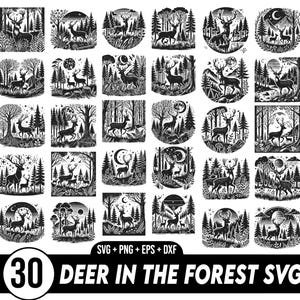 Pode incluir: Uma coleção de 30 designs SVG de veados na floresta em preto e branco. Cada design apresenta um veado em um cenário de floresta, com árvores, lua e estrelas. Os designs estão em várias formas, incluindo quadrados e círculos.