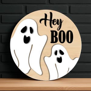 Laser Cut Hey Boo Door Hanger SVG, Halloween Ghost Door Sign Laser Cut Svg, Trick Or Treat Svg, Hey Boo halloween door sign SVG cut file