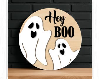 Lasergesneden Hey Boo deurhanger SVG, Halloween Ghost deur teken lasergesneden Svg, Trick or Treat Svg, Hey Boo halloween deur teken SVG gesneden bestand