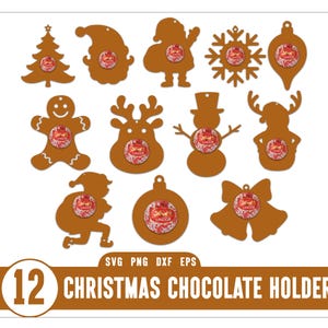 Puede incluir: Un conjunto de 12 portachocolates navideños marrones con diversas formas festivas, como un árbol de Navidad, un Papá Noel y un hombre de jengibre. Cada soporte tiene un espacio circular para un chocolate. Se muestra el texto "12 CHRISTMAS CHOCOLATE HOLDER".