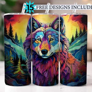May include: Three stainless steel tumblers with a colorful wolf design. The wolf is surrounded by a forest scene with a sunset in the background.
