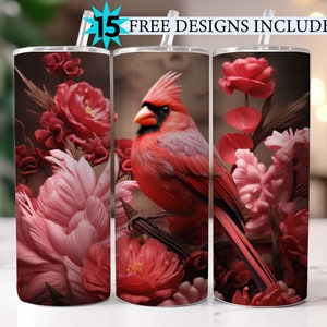 Pink Tumbler Red Bird Flowers Tumbler 20 oz Skinny Tumbler Sublimation Design Straight And Tapered Tumbler Wrap Instant Digital Download PNG