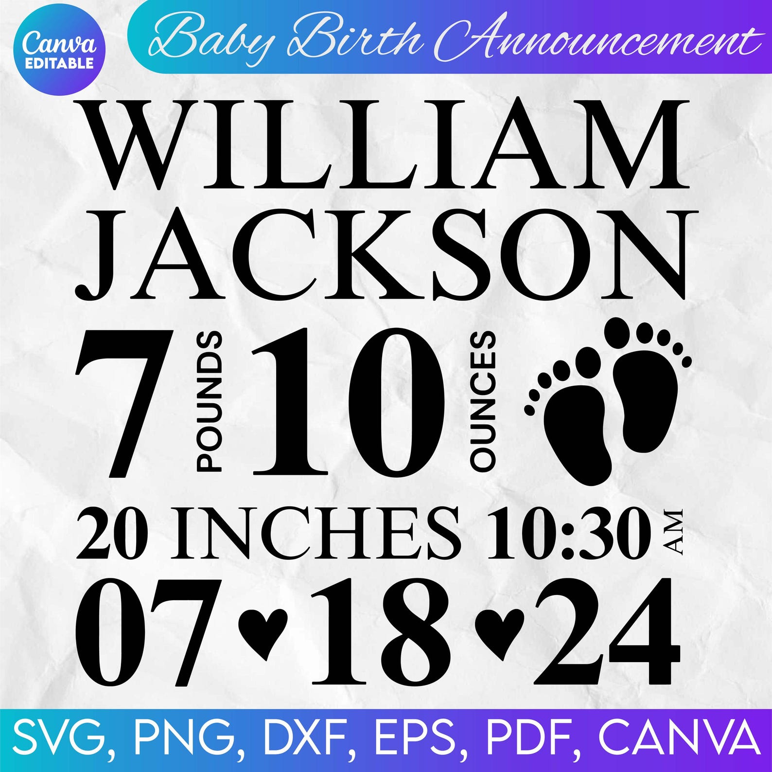 Baby Birth Announcement Template Svg, Free Font, Birth Stats Baby Svg ...