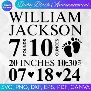 Modèle de faire-part de naissance bébé Svg, police gratuite, statistiques de naissance bébé Svg, signe de statistiques de naissance, modèle de souvenir de bébé SVG, nouveau-né SVG, statistiques SVG