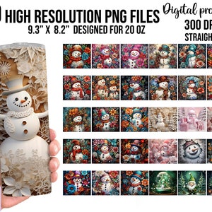3D Christmas Snowman Tumbler Bundle, 20 oz Skinny Tumbler Sublimation Designs Straight Tumbler PNG, Snowman Png, Snowman tumbler