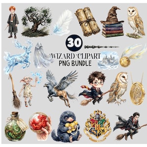 Puede incluir: Una colección digital de 30 ilustraciones con temática de magos que incluye un joven estudiante, un búho nival, un sombrero, una escoba, una snitch dorada, una botella de poción, un escudo, una criatura con monedas de oro y un castillo, etiquetado 30 WIZARD CLIPART PNG BUNDLE.