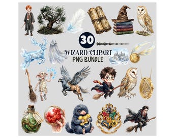 Watercolor Wizard School Clipart PNG bundle, Magic School Clipart, Halloween Clipart, Watercolor Witch and Wizard, Wizard World