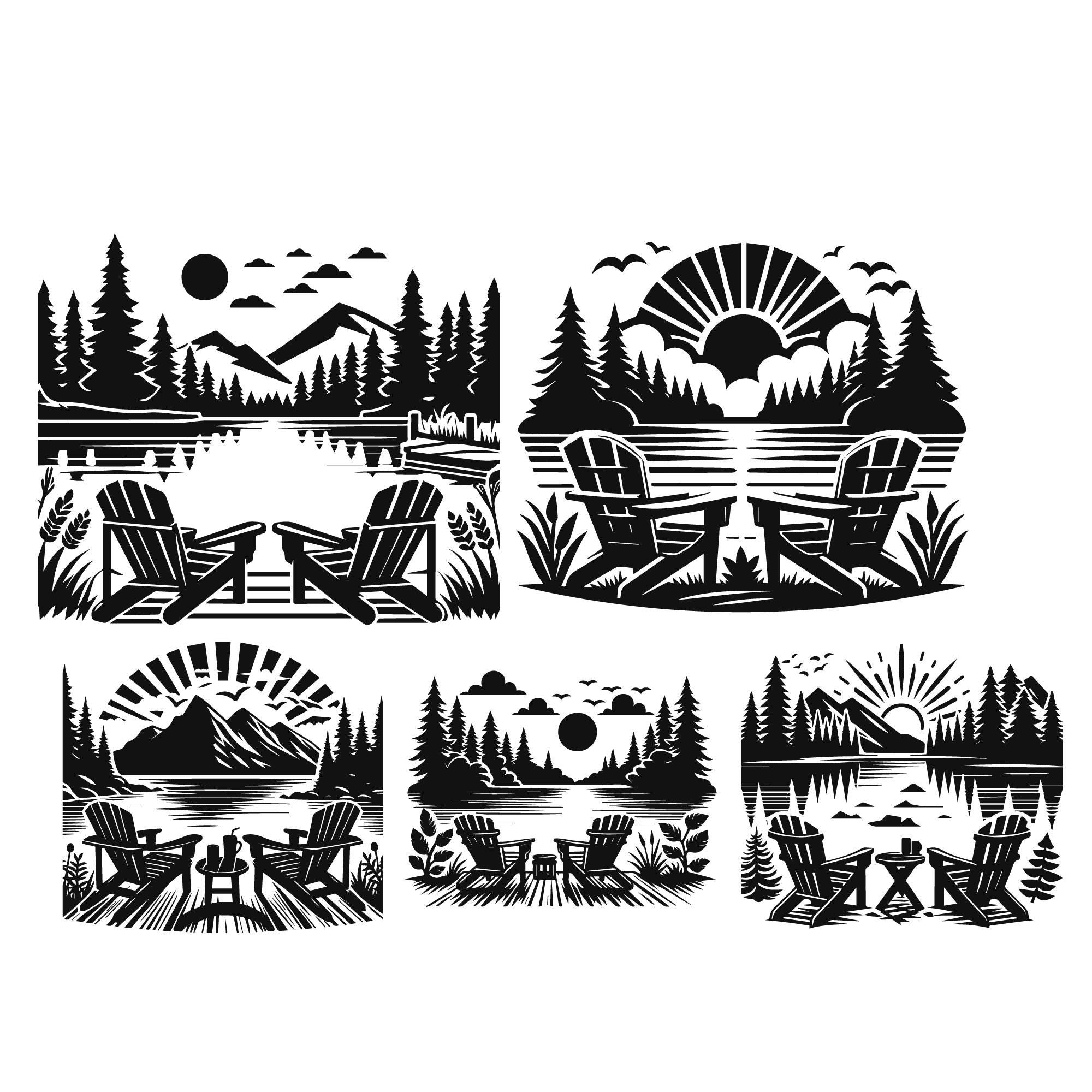 Lake Scene With Adirondack Chairs SVG Bundle, Beach Chair Svg, Lounge ...