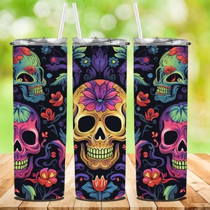 Skulls Floral 20 oz Skinny Becher Sublimation Design, Sugar Skulls Becher, mystische Aquarell Schädel, gerader & konischer Becher Wrap