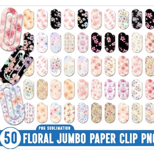 May include: A collection of 50 floral jumbo paper clip PNG images. The paper clips and PNGs feature various floral designs in shades of pink, purple, black, and white. The text "PNG Sublimation" and "50 Floral Jumbo Paper Clip PNG" is displayed.