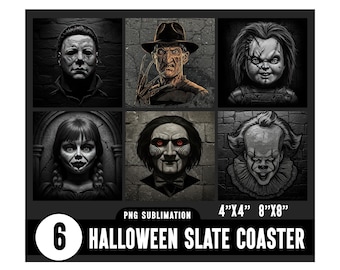 Halloween Party Slate Laser Files PNG, Halloween Horror Movie Faces Laser Engraving Files, Spooky Slate Coasters, Slate Coaster PNG Bundle