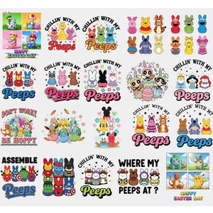 Pode incluir: Uma coleção de gráficos coloridos com tema de Páscoa, com personagens de desenhos animados e a palavra "Peeps". Os designs incluem coelhos, ovos e personagens de franquias populares. O texto inclui "Happy Easter Day" e "Chillin' with my Peeps".