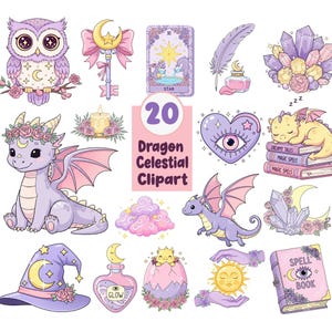 May include: A collection of 20 whimsical dragon and celestial-themed clipart illustrations. The designs feature an owl, dragons, crystals, a key, a tarot card, a feather, a heart with an eye, a spell book, and other magical elements.