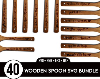 May include: A set of 40 wooden spoon SVG cut files. The spoons are decorated with various kitchen-themed sayings, such as "Mom's Kitchen", "Bless This Kitchen", and "Don't Go Bacon My Heart".