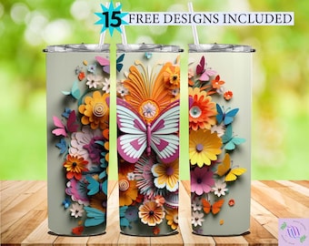 3D Butterflies Colorful 20oz Skinny Tumbler Sublimation Design, Instant Digital Download PNG, Straight & Tapered Tumbler Wrap