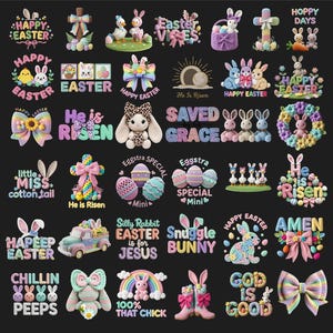 May include: A collection of colorful Easter-themed designs on a black background. The designs include bunnies, eggs, bows, and text such as "Happy Easter," "He is Risen," and "Amen." The color palette features pastels and bright hues.