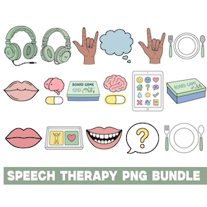 Puede incluir: Una colección de ilustraciones digitales que incluye auriculares, signos de mano, burbujas de pensamiento, platos con cubiertos, labios, cerebros, pastillas, juegos de mesa, una tableta con iconos y una burbuja de interrogación, etiquetada SPEECH THERAPY PNG BUNDLE.