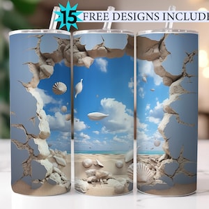3D Cracked Wall Beach Sea Shells tumbler 20 oz Skinny Tumbler Sublimation Design, Island Beach Straight & Tapered Tumbler Wrap PNG, Digital