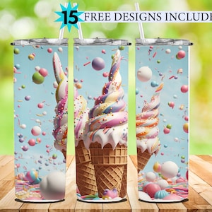 3D Ice Cream Cones, Summer Rainbow Tumbler 20 oz Skinny Tumbler Sublimation Design, Straight & Tapered Tumbler Wrap PNG,Kids Tumbler Digital