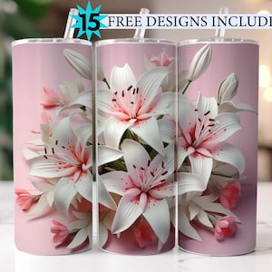 3D Pink Lilly 20oz Skinny Tumbler Wrap, Fleurs 3D 20oz Tumbler Sublimation Designs, Floral Tumbler Wrap, Lilly floral tumbler png