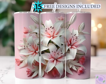 3D roze Lilly 20oz skinny tuimelaar wrap, 3D bloemen 20oz tuimelaar sublimatie ontwerpen, bloemen tuimelaar wrap, Lilly bloemen tuimelaar, png