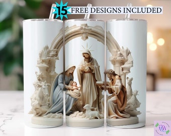 3D Nativity Scene Mary Joseph Jesus, 20 oz Skinny Tumbler Sublimation Design, Instant Digital Download PNG, Straight Tumbler Wrap, 300 dpi