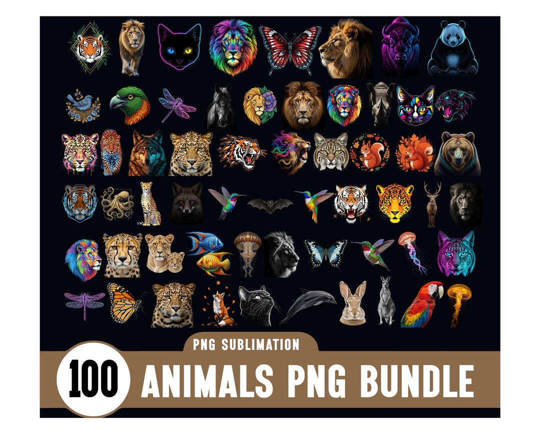 Animal T-shirt Designs PNG Bundle, Neon Glow Cartoon Characters & Fun ...