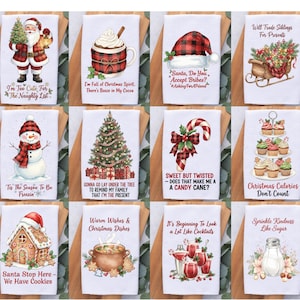 May include: A selection of twelve white Christmas tea towels. Each towel features a festive design, including Santa Claus, snowmen, gingerbread houses, and holiday treats. Text includes holiday phrases and sayings.